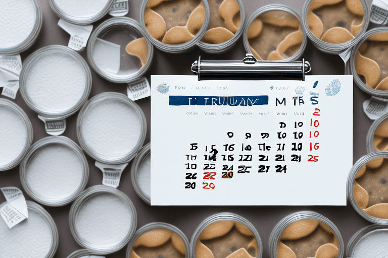 A variety of freeze-dried dog treats in a sealed jar with a calendar in the background indicating the passage of time