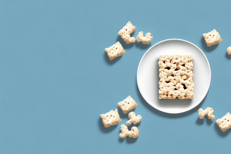 A curious dog looking at a rice krispie treat on a plate