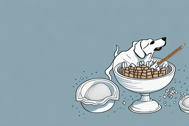 A dog looking curiously at a bowl filled with baking powder and dog treats