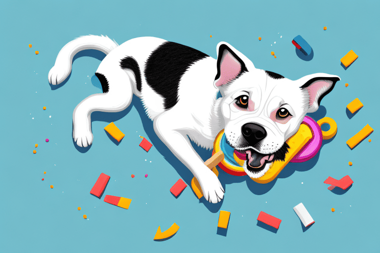 A playful dog joyfully rolling around on a disheveled bed with a chew toy nearby