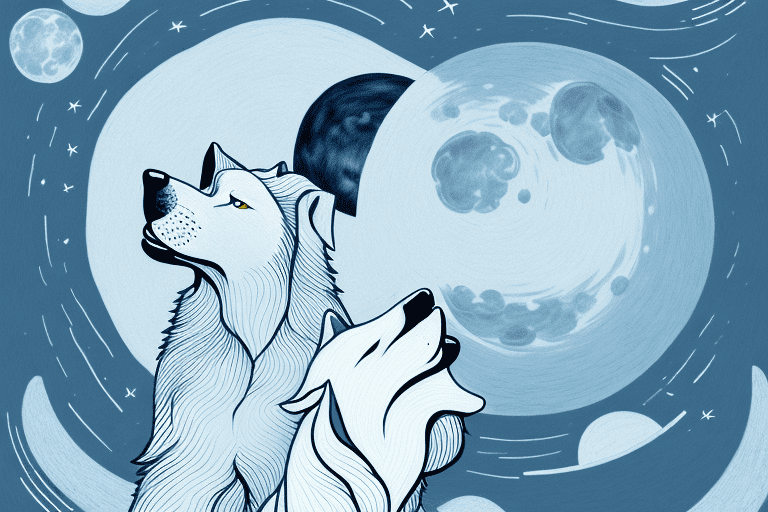 A silent dog looking curiously at a howling wolf in the moonlight