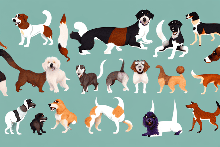 Several mixed breed dogs of different sizes and fur types
