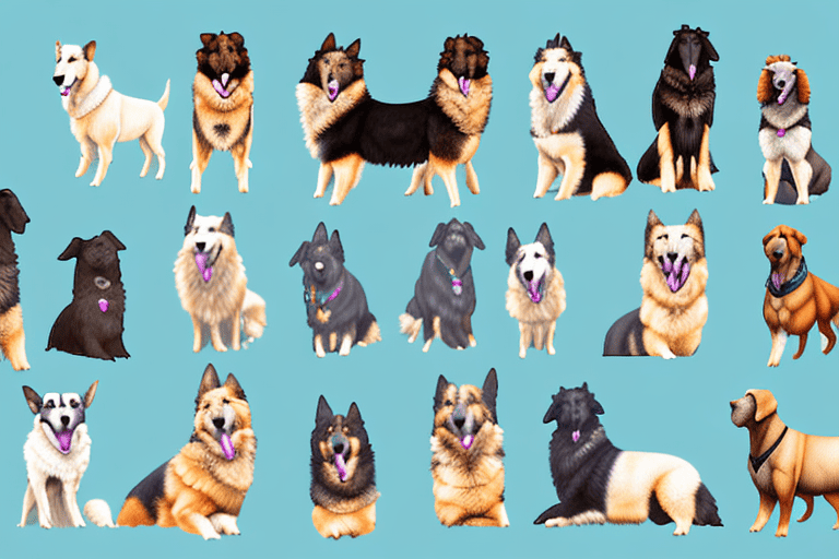 Several distinct types of shepherd dogs in various poses
