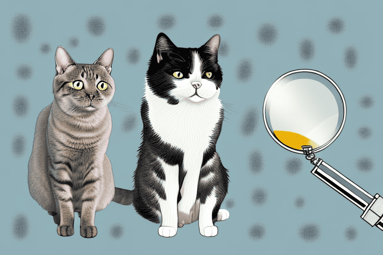 A cat and a dog sitting side by side with a magnifying glass hovering over them