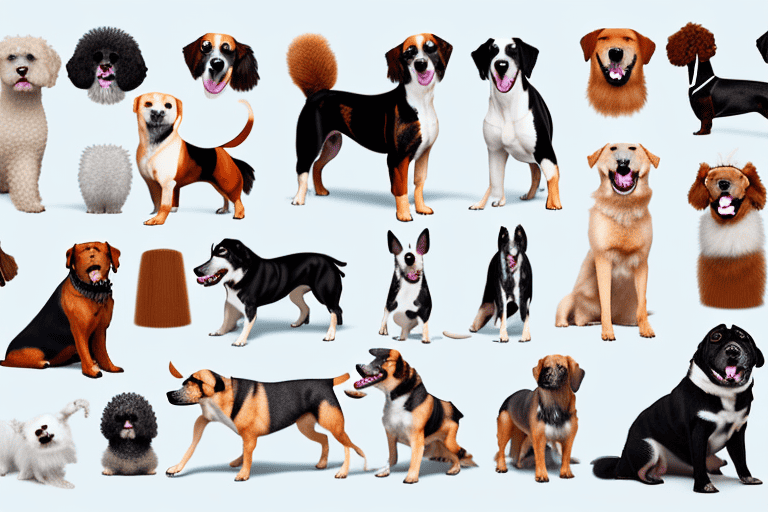 Various breeds of dogs in mid-bark