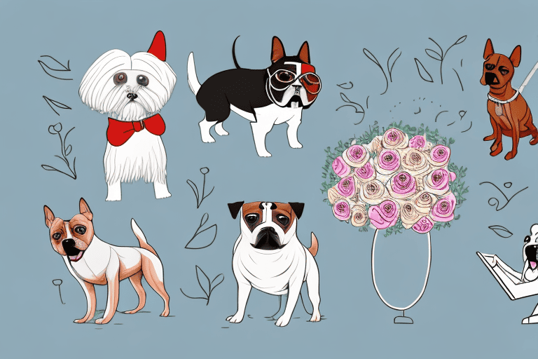 Various popular dog breeds engaging in stereotypical boyfriend activities such as holding a bouquet of roses