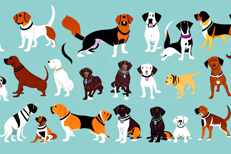 Various dog breeds interacting in a park setting