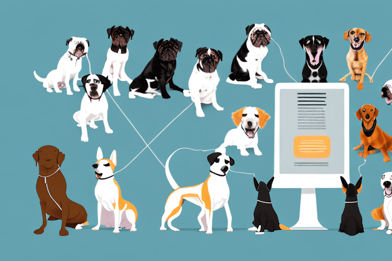 Several different dog breeds excitedly gathered around a computer screen that is glowing