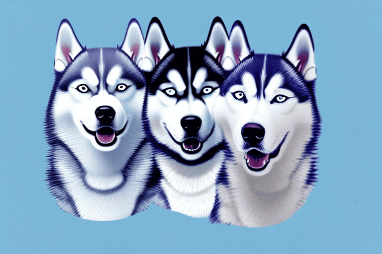 Several diverse husky-type dog breeds in dynamic poses