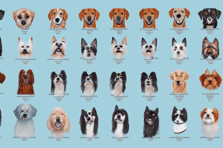 Several different dog breeds standing next to their respective registration tags